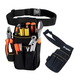 A black Oxford cloth tool waist bag featuring various tools with orange accents and a strap for wearing.