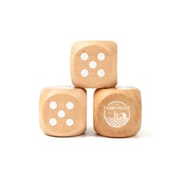 Three custom blank wooden dice in natural wood colour, featuring white dots and one logo.
