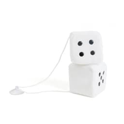 Two white fuzzy car dice with black spots, stacked on top of each other, attached by a cord.