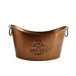 A large, bronze-coloured galvanized ice bucket with handles and a decorative logo.