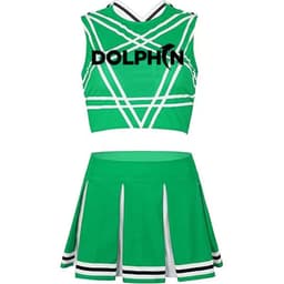 A green cheerleading costume featuring a crop top with crisscross patterns and a matching skirt, with a logo.