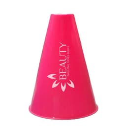 A pink megaphone with a logo design on the side, shaped like a cone.