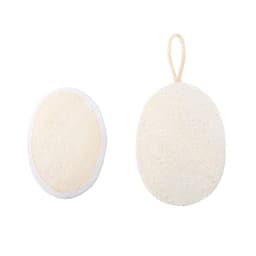 Exfoliating loofah sponge pads in white, featuring a loop for hanging. One pad is oval-shaped and the other is flat.