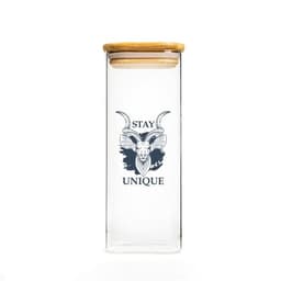 A drink bottle made of clear high borosilicate glass with a wooden lid and a decorative logo featuring a goat design.