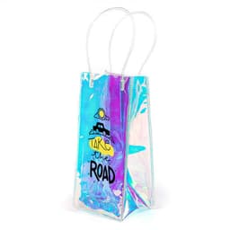 A drink bottle cooler bag with an iridescent finish and white handles, featuring a graphic design and a logo.