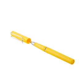 A yellow U-shaped metal gel pen with a silver clip and detailing. Features a smooth writing tip.