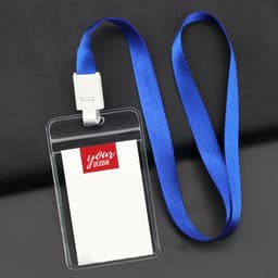 A clear plastic card holder with a blue lanyard, featuring a blank insert for custom designs.
