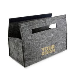 A grey felt storage box with handles, featuring an area for custom designs. It has a sleek, minimalist design.