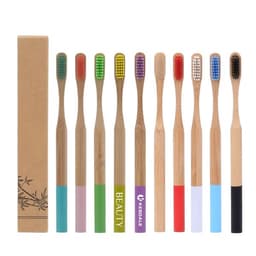 A set of eco-friendly bamboo toothbrushes in various colours, displayed alongside a cardboard box with a logo.