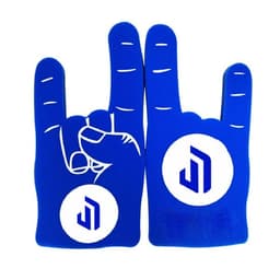 A pair of blue foam fingers with a hand gesture and a logo in the centre of each finger.