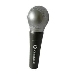 A grey microphone stress ball with a textured silver top and a branding logo on the handle.