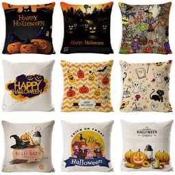 A collection of Halloween-themed pillows in various colours and designs featuring pumpkins, ghosts, and spooky décor.