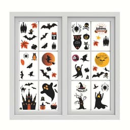Six sheets of PVC Halloween stickers featuring black bats, ghosts, pumpkins, and various spooky designs on a white background.