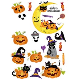 A Halloween window clings set featuring black cats, pumpkins, a moon, and spooky symbols in vibrant colours.
