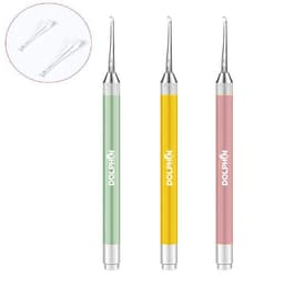 Three ear cleaners with light in pastel green, yellow, and pink, featuring interchangeable tips. Includes a logo.