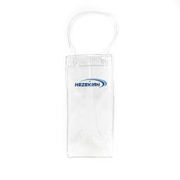 A clear PVC portable wine ice bag with a handle and a logo. Ideal for carrying bottles.