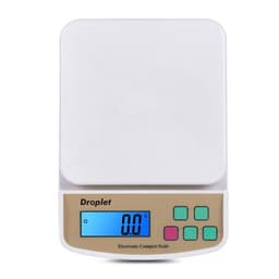 A compact electronic kitchen scale in white and gold, featuring a digital display and control buttons.