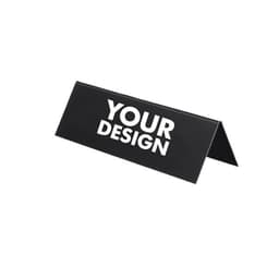 A black acrylic table sign with a triangular shape and space for custom designs.