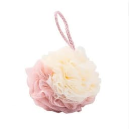 A double colour bath ball in pink and white with a hanging loop. The product features soft, layered textures.