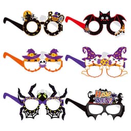 Six pairs of Halloween decorative paper eyeglasses featuring designs like pumpkins, witches, bats, and spiders in vibrant colours.