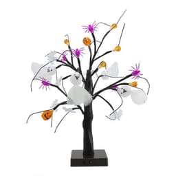 A lighted Halloween birch tree with black branches, orange pumpkins, white ghosts, and purple spiders.