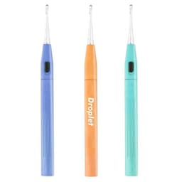 A set of three LED light ear wax cleaners in blue, orange, and teal, each with a slim design.