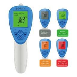 A non-contact infrared thermometer with a white and blue design, featuring digital display and multiple temperature indicators.