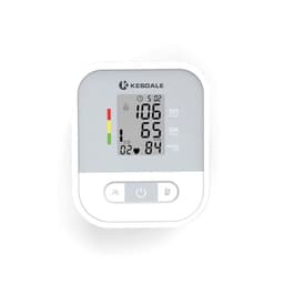 A white blood pressure monitor featuring a digital display with coloured indicators for readings. It includes a logo.