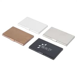 Four stainless steel business card holders in copper, white, silver, and black, featuring a logo on the black holder.