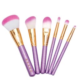 A set of six soft bristle makeup brushes with pink and purple glittery handles and gold accents.