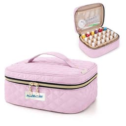 A pink quilted essential oil carrying case with a zip closure, showcasing compartments for small bottles inside.