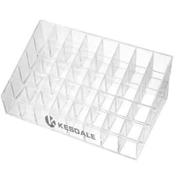 A clear acrylic cosmetics display stand featuring multiple compartments for organisation. It has a logo on the front.
