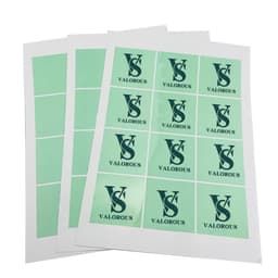 A stack of adhesive logo stickers featuring a green background and a dark logo design, arranged in sheets.