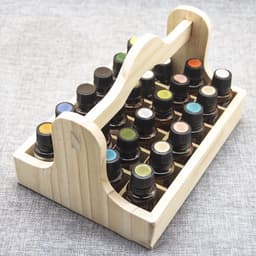 A wooden essential oil organizer in natural colour, holding multiple bottles with various coloured lids.