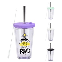 A drink bottle featuring a clear design with a purple lid and metal straw, accompanied by multiple colour options.
