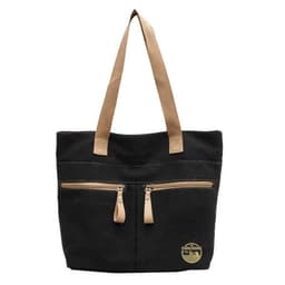 A black canvas bag with tan straps and two front zippered pockets, featuring a logo.