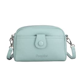 A small crossbody bag in mint green PU leather with a front pocket and adjustable strap. It features branding on the front.