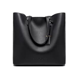 A black PU leather crossbody bag with two shoulder straps and a logo embossed on the front.