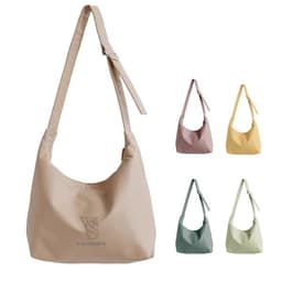 A PU casual crossbody bag in beige, with additional bags in pastel colours: pink, yellow, green, and blue. Features a logo.