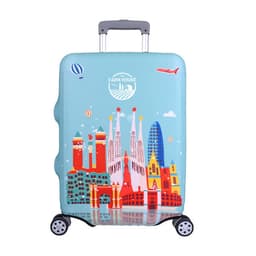 A blue elastic luggage cover featuring illustrations of famous buildings, a logo, and colourful graphics.