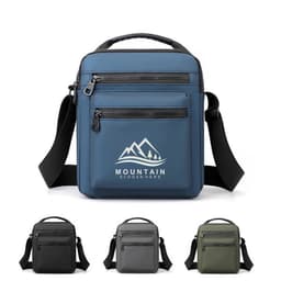 A blue men's casual waterproof crossbody bag with a logo, featuring zippered compartments, and available in grey and green options.
