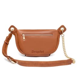 A tan PU crossbody bag for women with a zippered pocket and a detachable chain strap. It features a logo.
