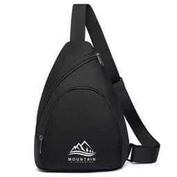 A black sling chest bag with a triangular shape and a logo featuring mountains. It has multiple zippered compartments.