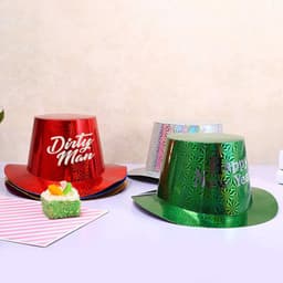 A set of three party top hats in red, silver, and green with decorative patterns. Each hat has a logo.