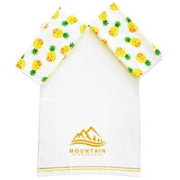 A white dish towel featuring yellow pineapples and a logo. The design adds a vibrant touch to home decor.