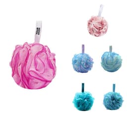 A collection of large shower balls in pink, blue, and turquoise, featuring a hanging loop for convenience.