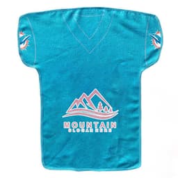 A turquoise microfiber towel shaped like a jersey, featuring a logo and mountain design.