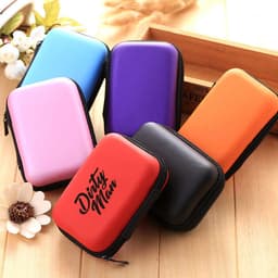 A collection of portable EVA hard carry cases in red, purple, blue, pink, orange, and black with a logo.