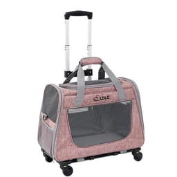 A wheeled pet carrier backpack in grey and pink, featuring mesh panels and a retractable handle. It has a logo on the front.