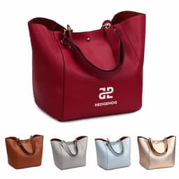 A red PU handbag with handles and a logo, alongside three other handbags in brown, silver, and gold.